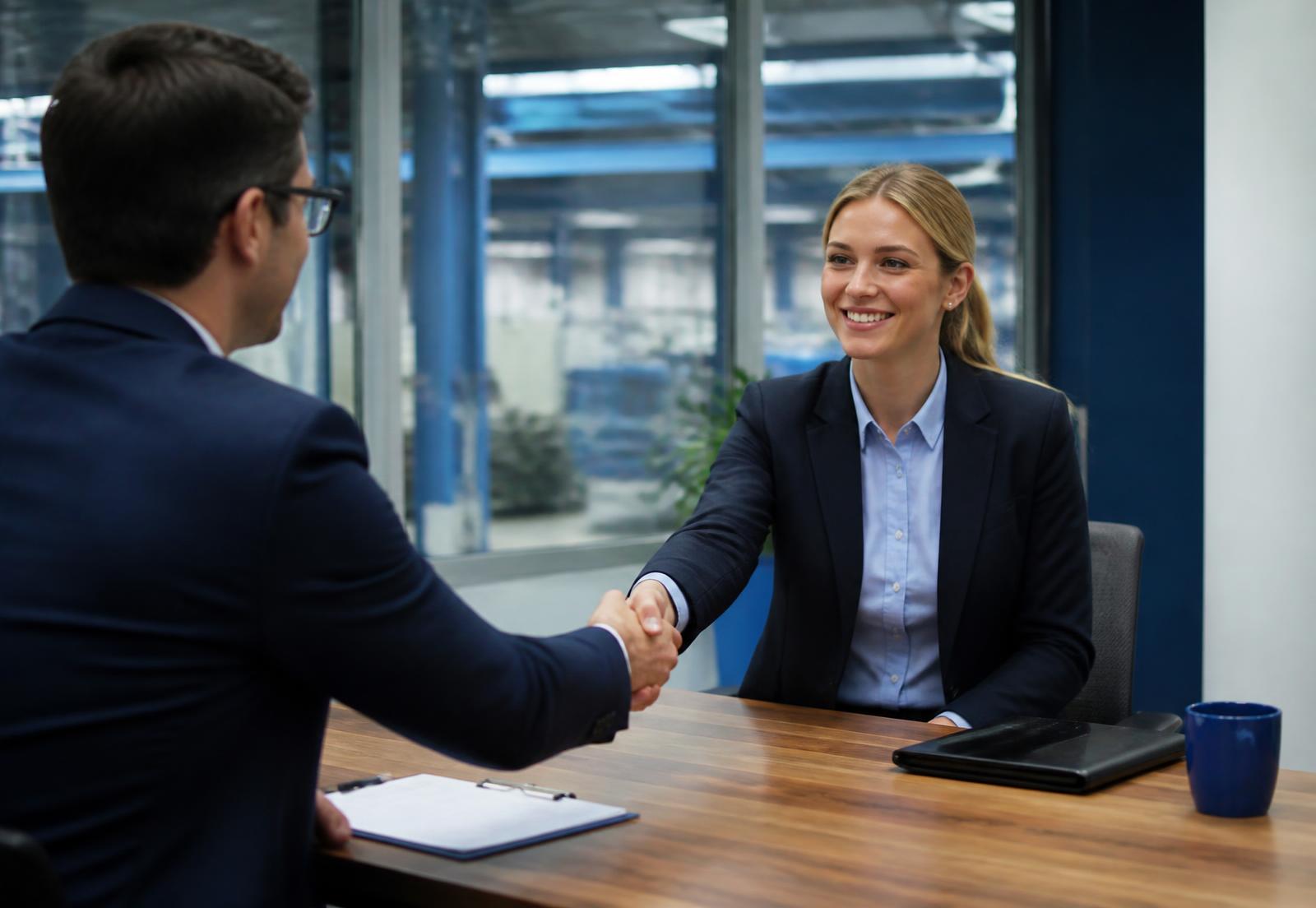 Hiring discussion between a recruiter and an engineering candidate in an industrial office